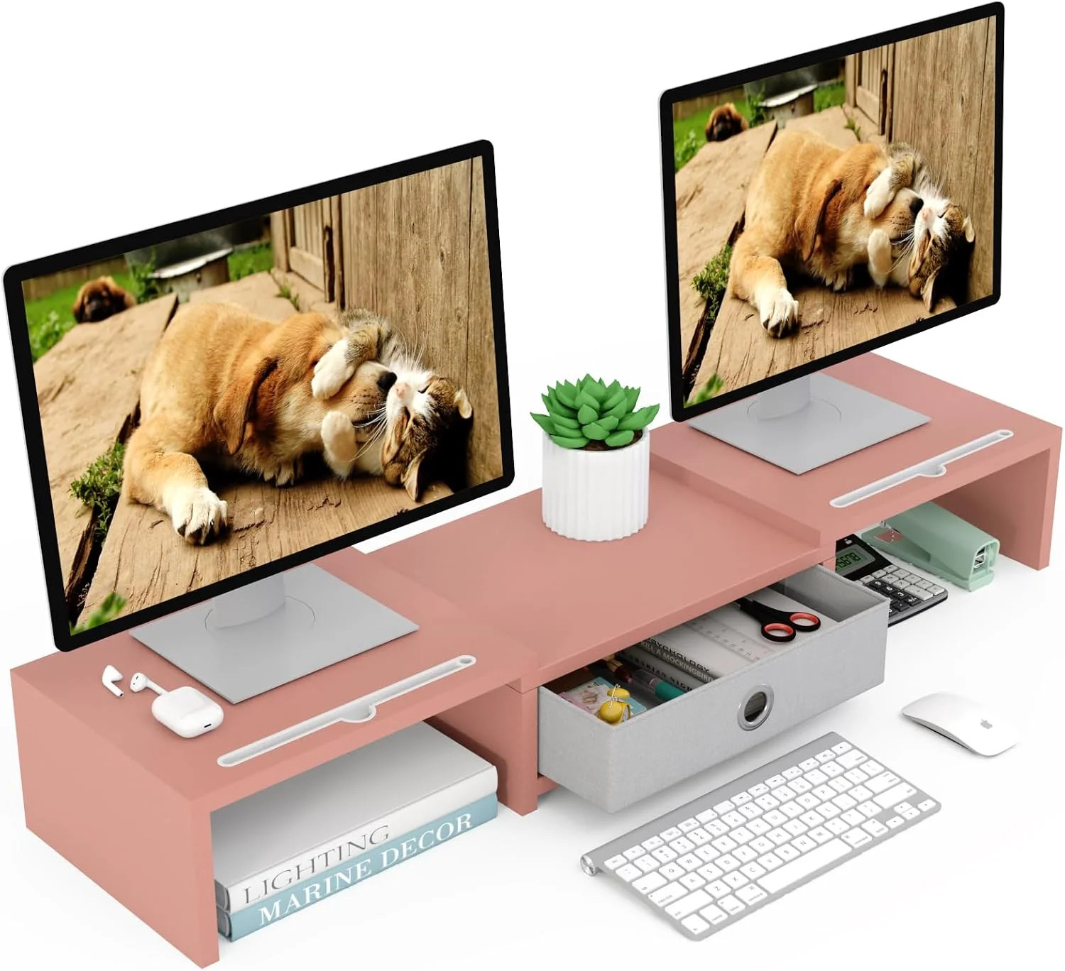 WESTREE Dual 3 Shelf Computer Riser with Drawer, Adjustable Length and Angle, De