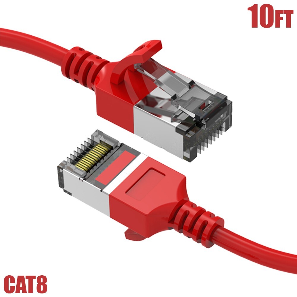 10FT Cat8 RJ45 Network LAN Ethernet U/FTP Shielded Patch Cable Slim 30AWG Red