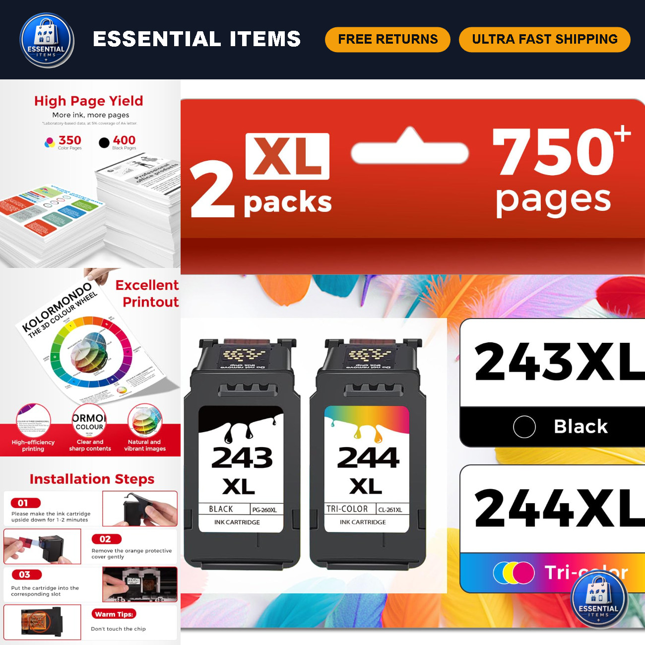 243 244 XL Ink Cartridges Combo Pack for Canon Printers - Black & Color, 2-Pack