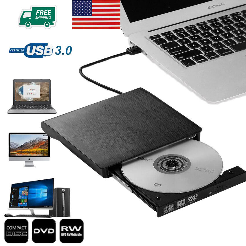 External CD DVD RW Drive USB 3.0 Writer Slim Burner Player Black For Laptop PC