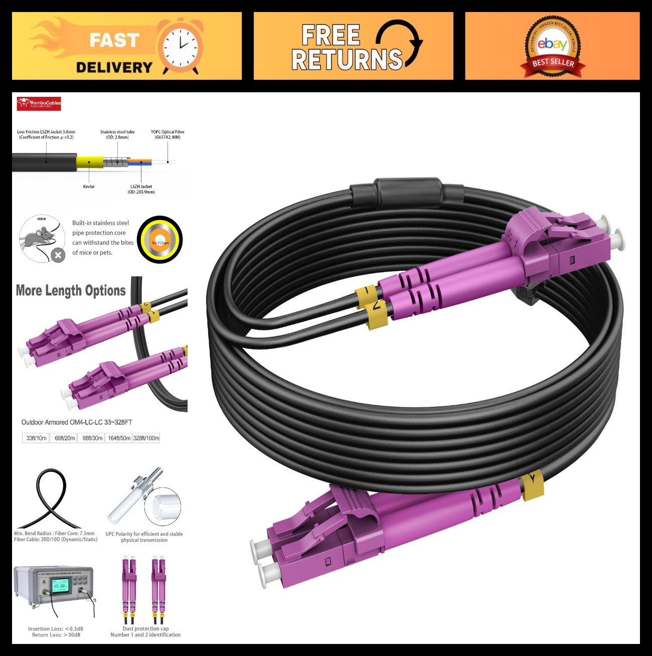 30ft OM4 LC to LC Fiber Patch Cable - Outdoor Armored Multimode 10/40GB Duplex 5