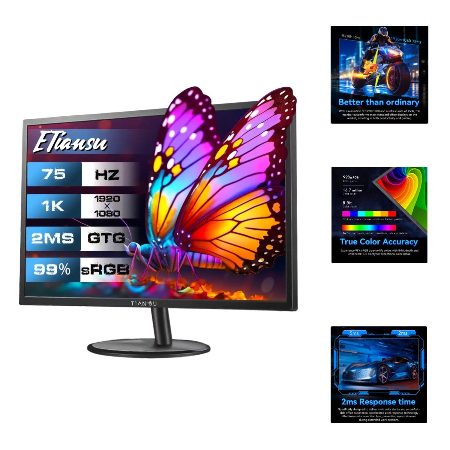 High Performance 22 Inch 1080p Monitor - 75Hz Refresh Rate & Eye Care Features