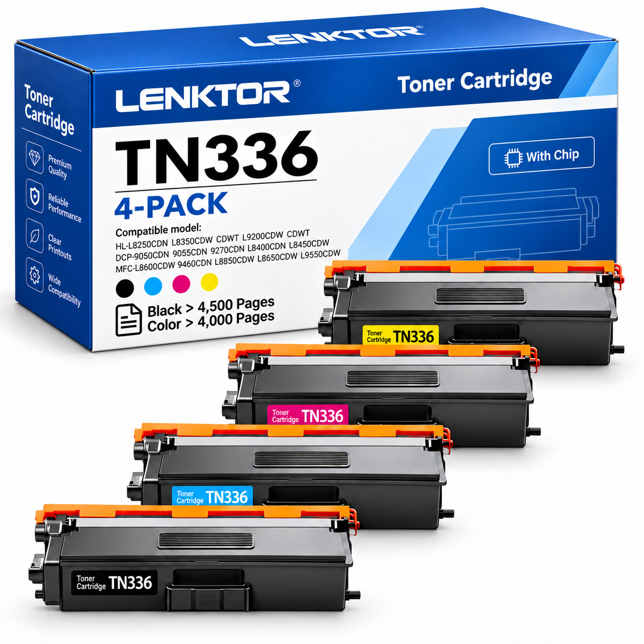 TN336 Toner 4PK BK/C/M/Y Premium With Chip Fits MFC-L8850CDW MFC-L8850CDWT 4PK