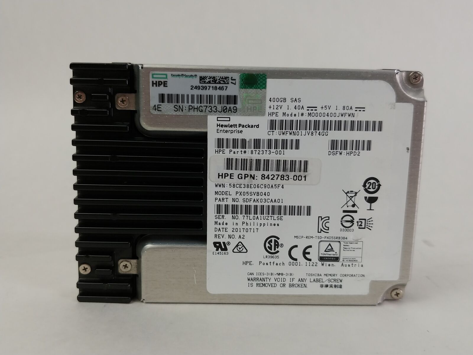 Lot of 2 Toshiba HP PX05SVB040 400 GB SAS 3 12Gb/s 2.5 in Solid State Drive