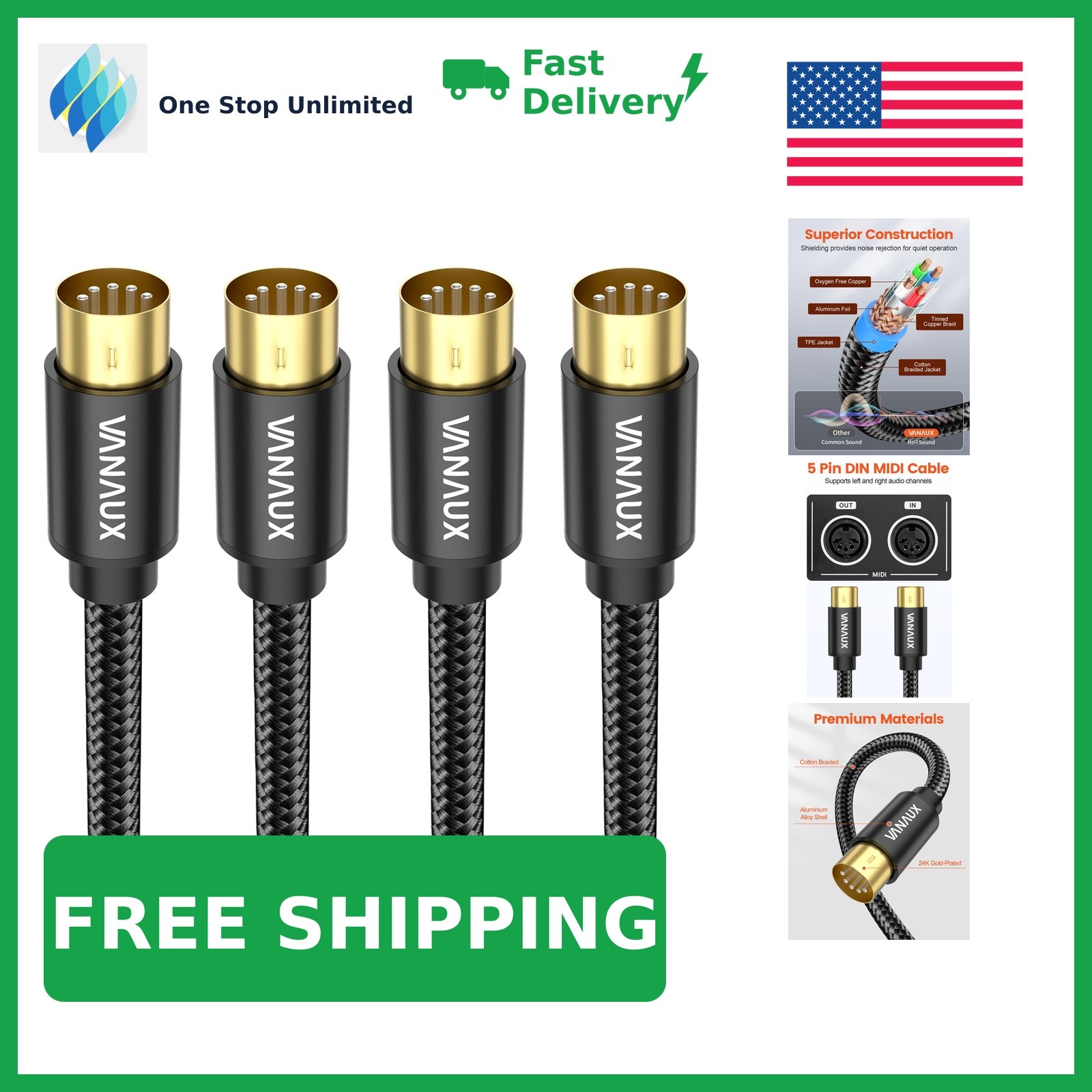 Vanaux 5-Pin MIDI Cable, 3 Feet, 2 Pack, Black