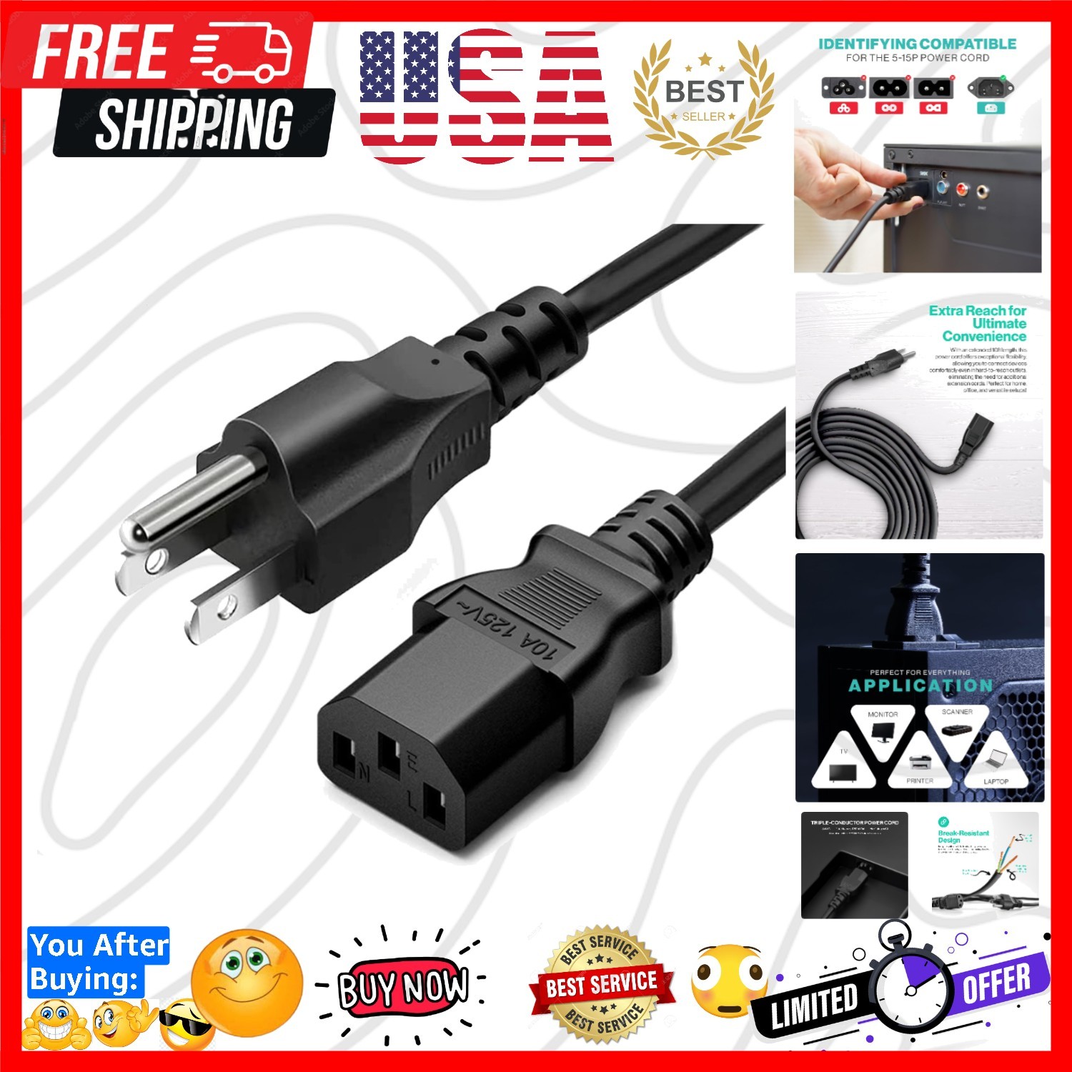 3 Prong AC Power Cord 10ft Long Standard | 125V-250V | for Computer, Monitor,...