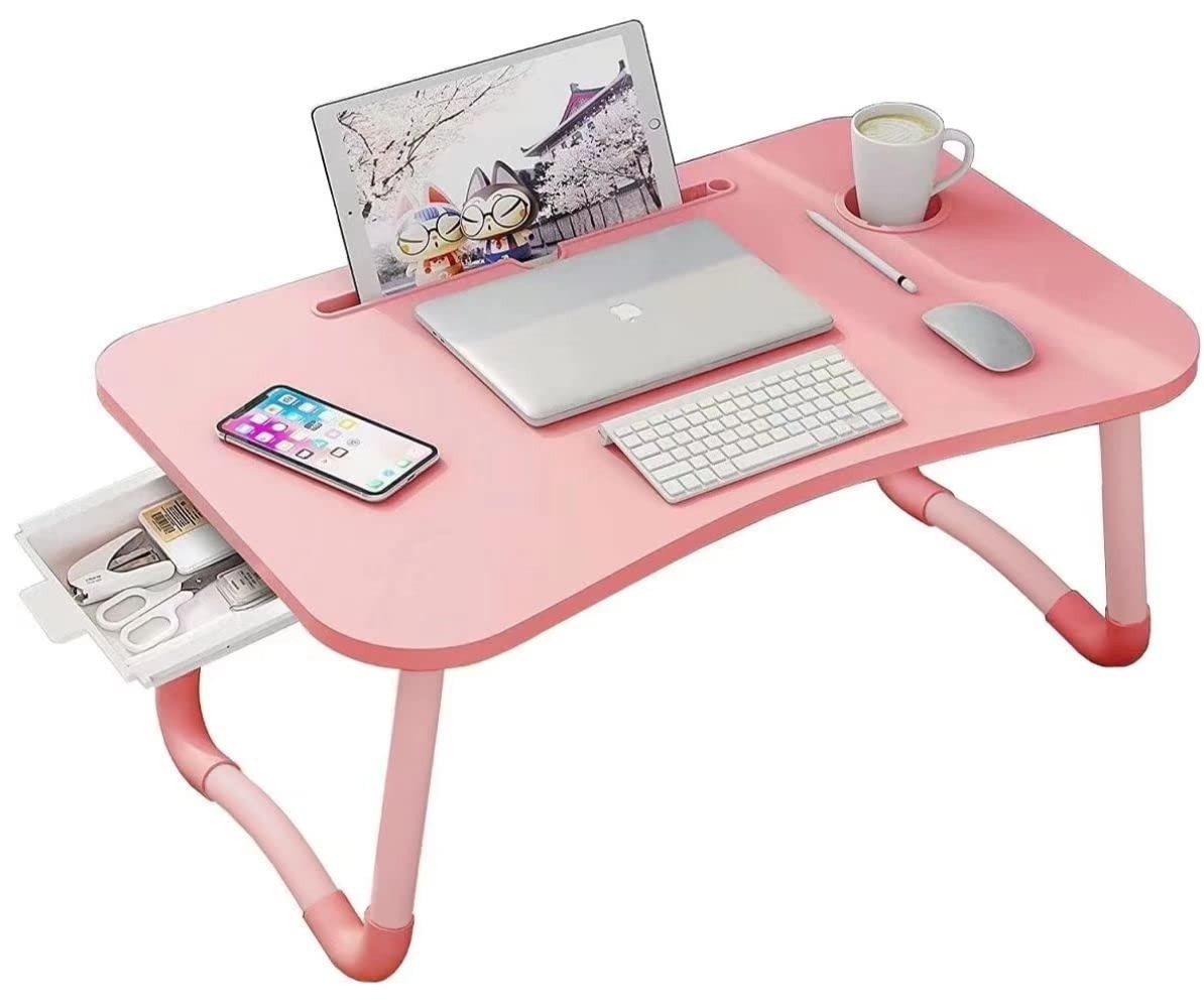 Pink Foldable Lap Desk Laptop Bed Table Tray Storage Drawer Cup Holder