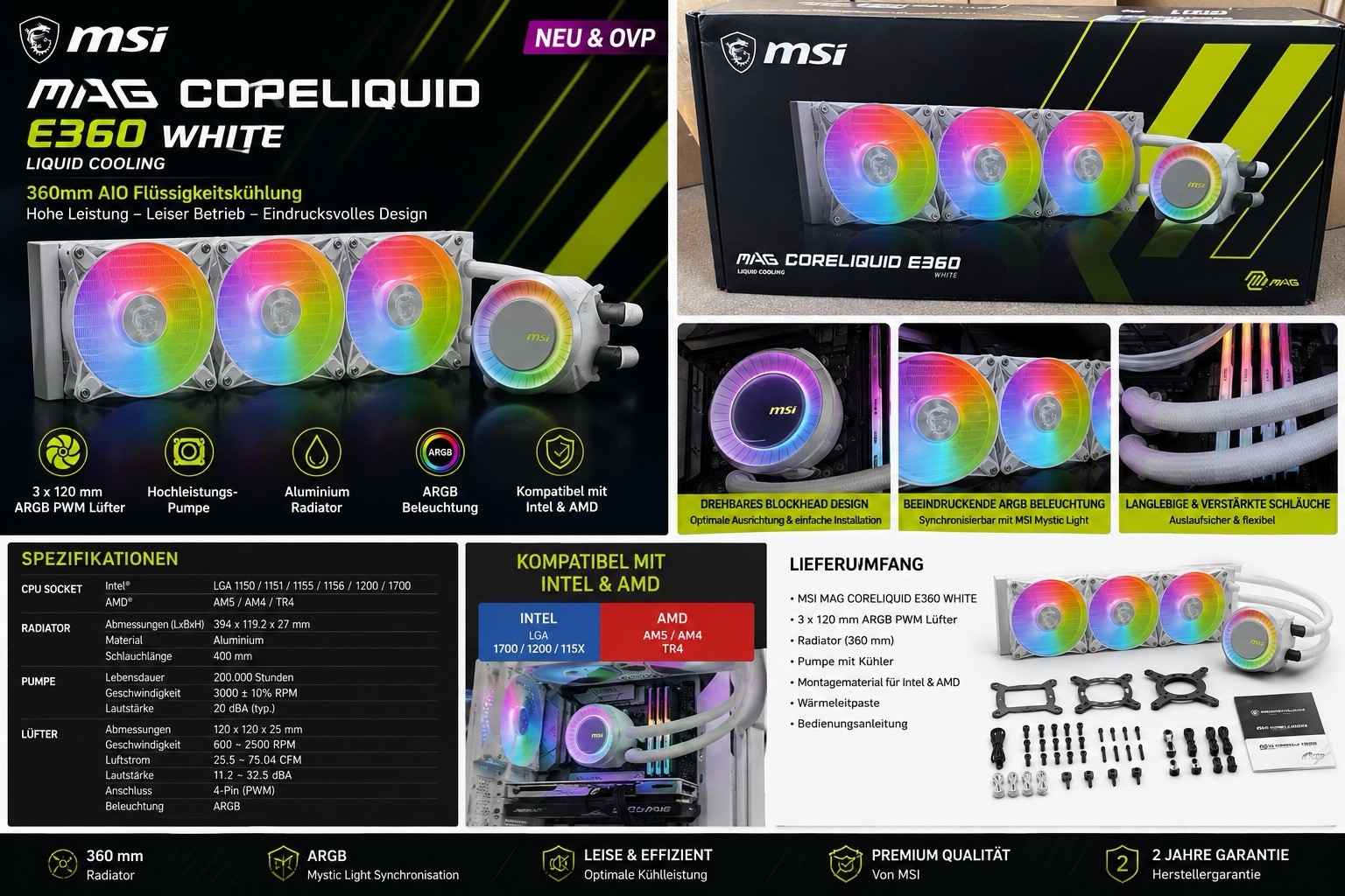 MSI MAG CoreLiquid E360 White 360mm AIO CPU Liquid Cooler ARGB Intel/AMD