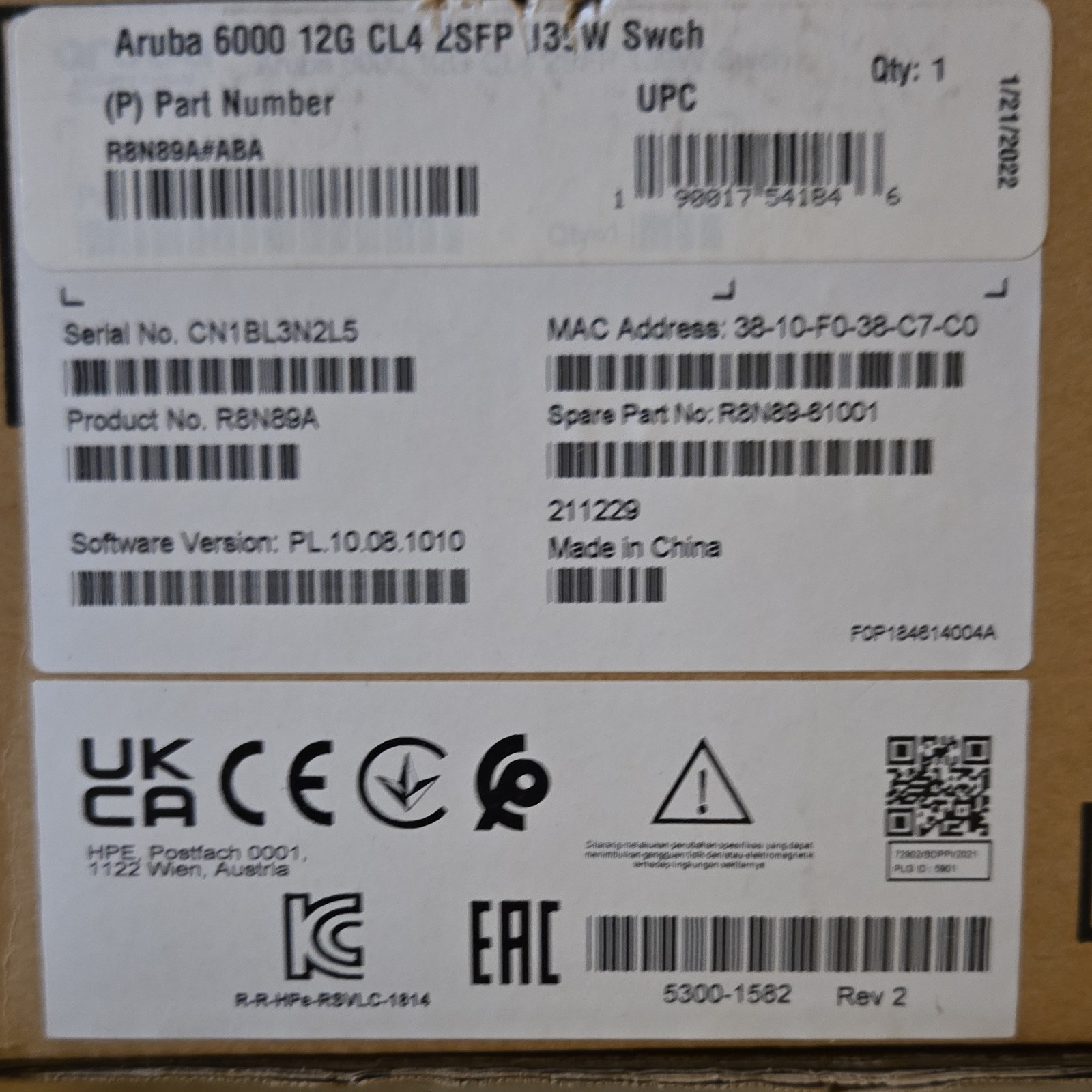 R8N87A HPE Aruba 6000 24G PoE 2SFP 370W Switch HPE NEW