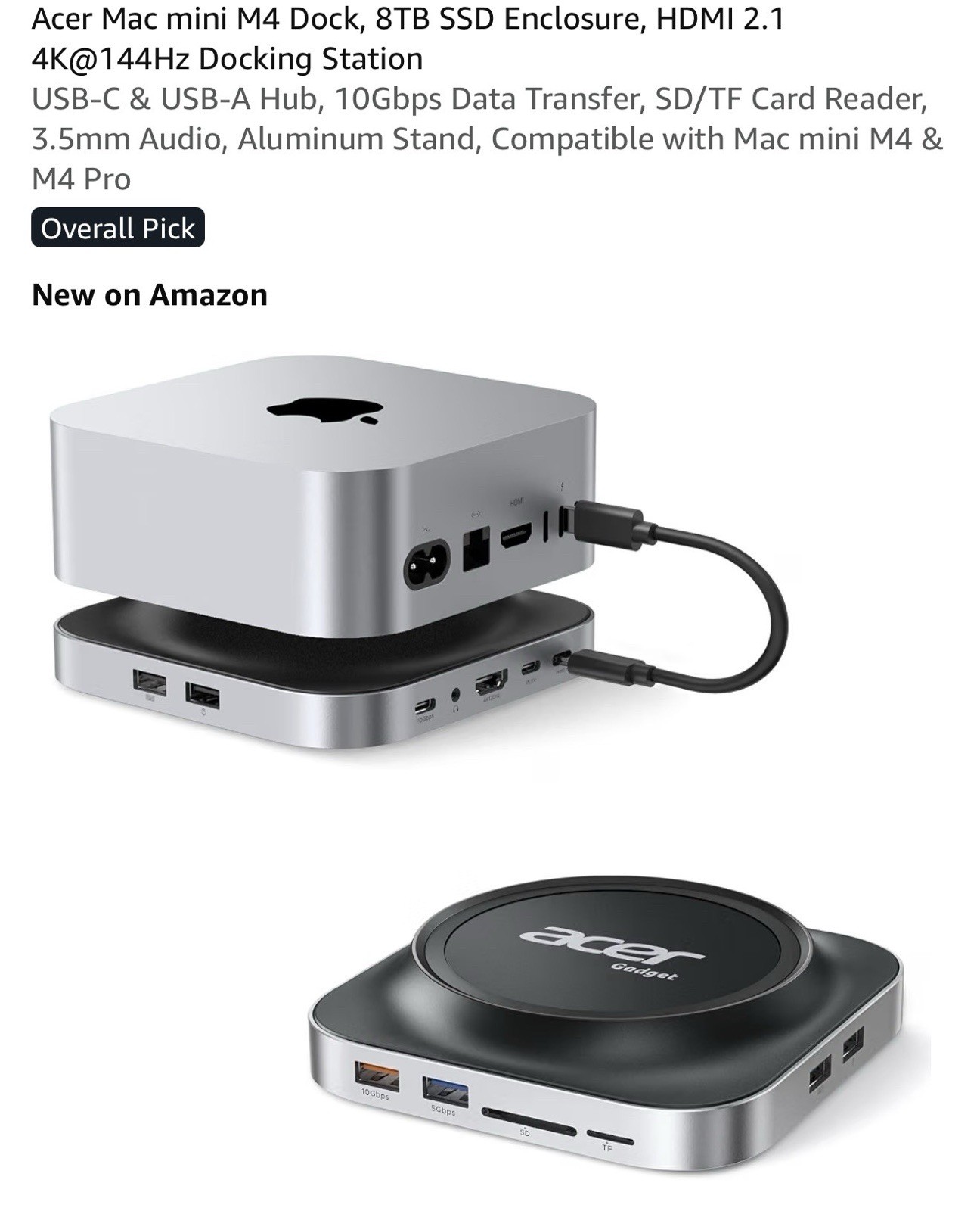 Acer Gadget Mac Mini M4 Dock, 8TB M.2 NVMe/SATA SSD Enclosure & Stand, 4K@144Hz