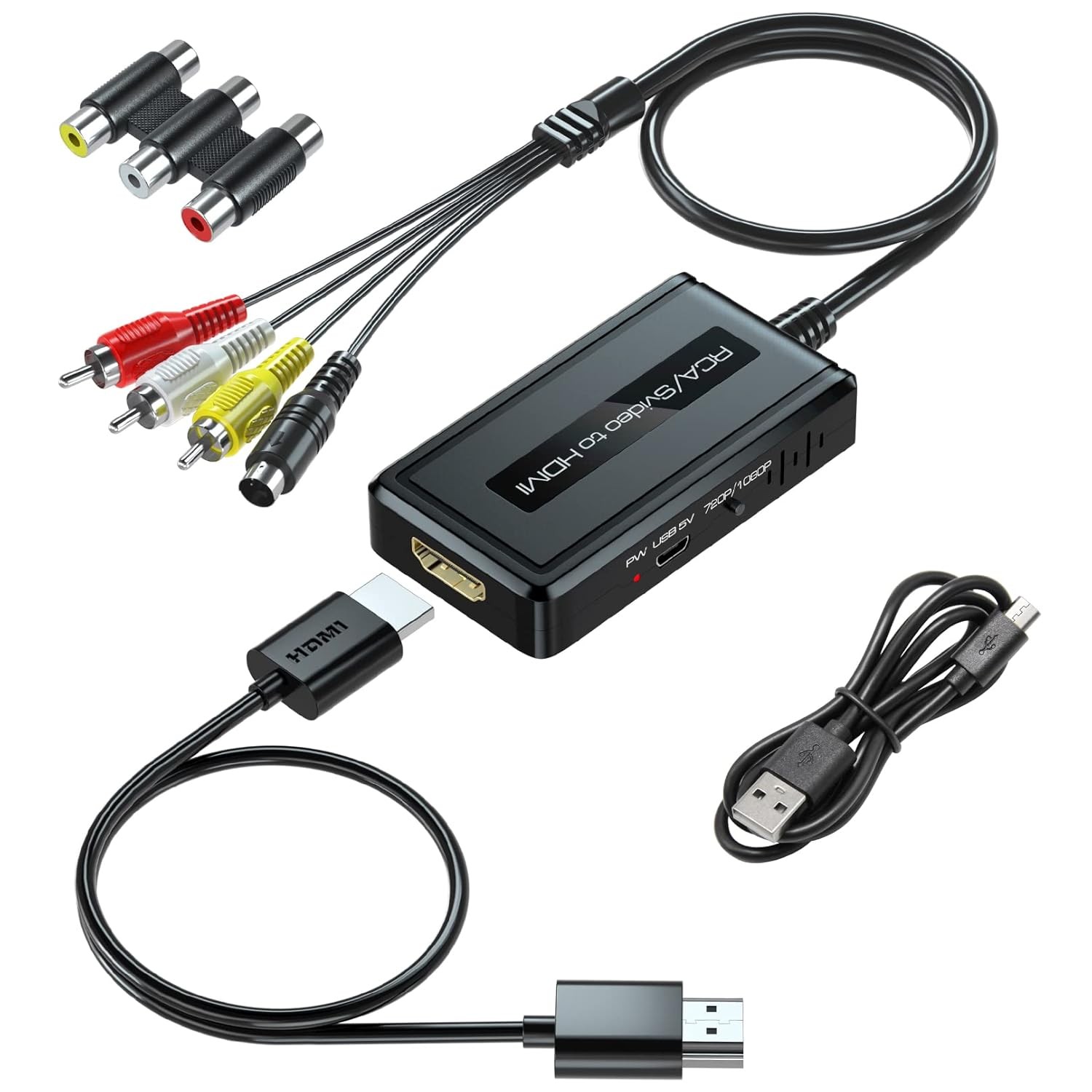 2 in 1 Rca/S-Video to HDMI Converter with 720P/1080P Ouptut Switch, Svideo Compo