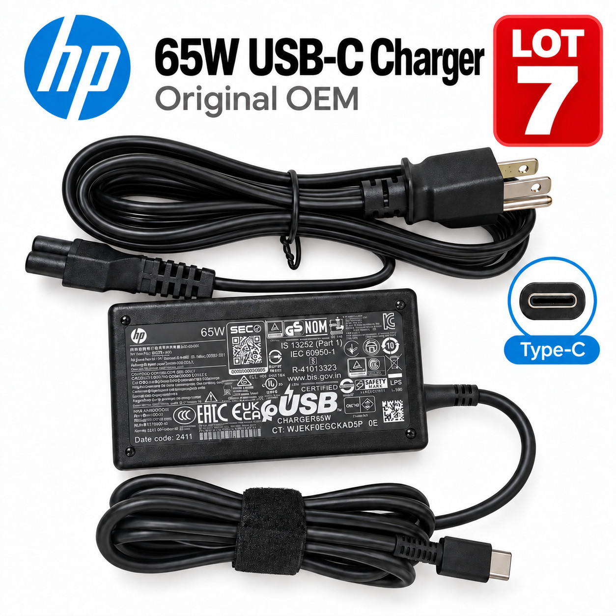 LOT 7 OEM Genuine HP USB-C 65W Laptop Charger AC Adapter L65505-003 L67440-001