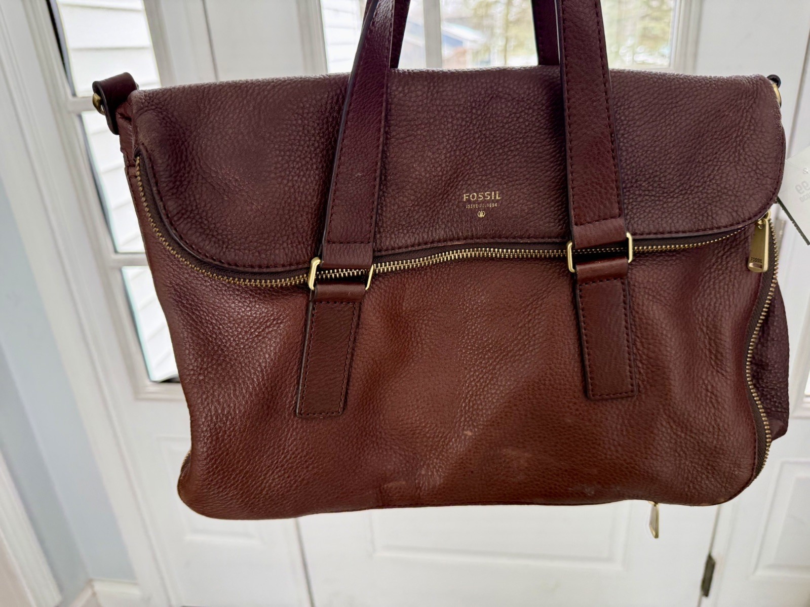 FOSSIL Preston Expandable Leather Tote Shoulder Bag purse Brown 14" x 15" 