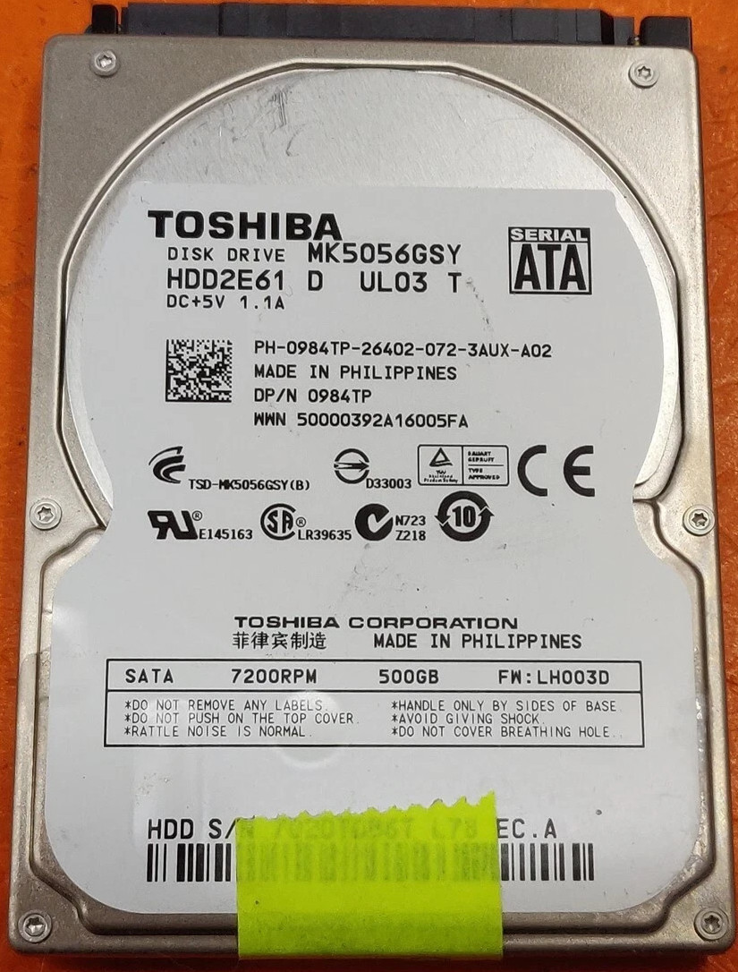 HDD Hard Drive SATA Laptop 2.5" Toshiba MK5056GSY 500GB 0984TP