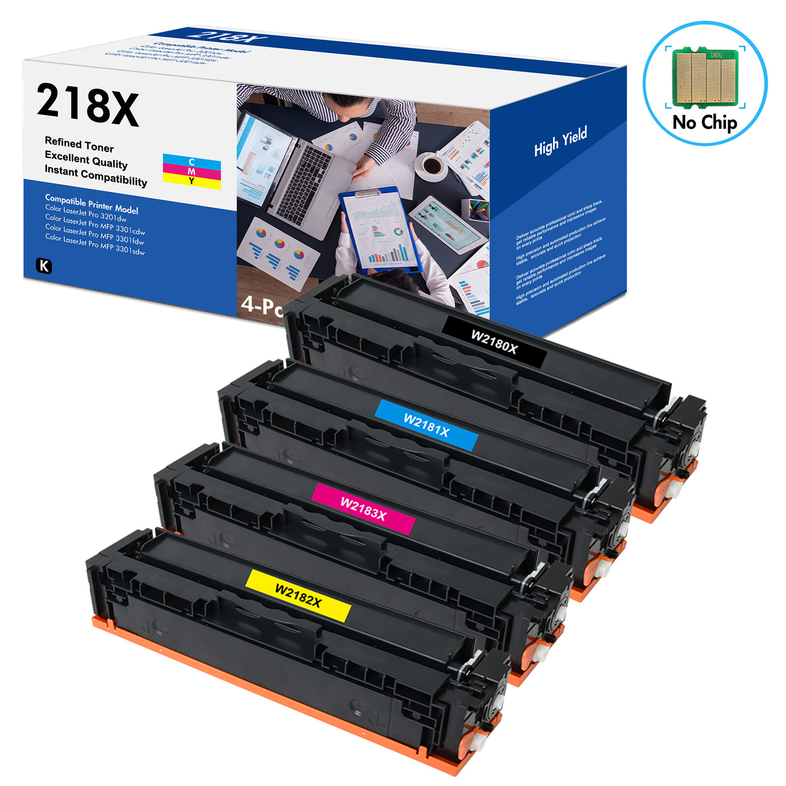 4 Pack 218X W2180X High Yield Toner NO CHIP Fits for HP LaserJet Pro MFP 3301fdw