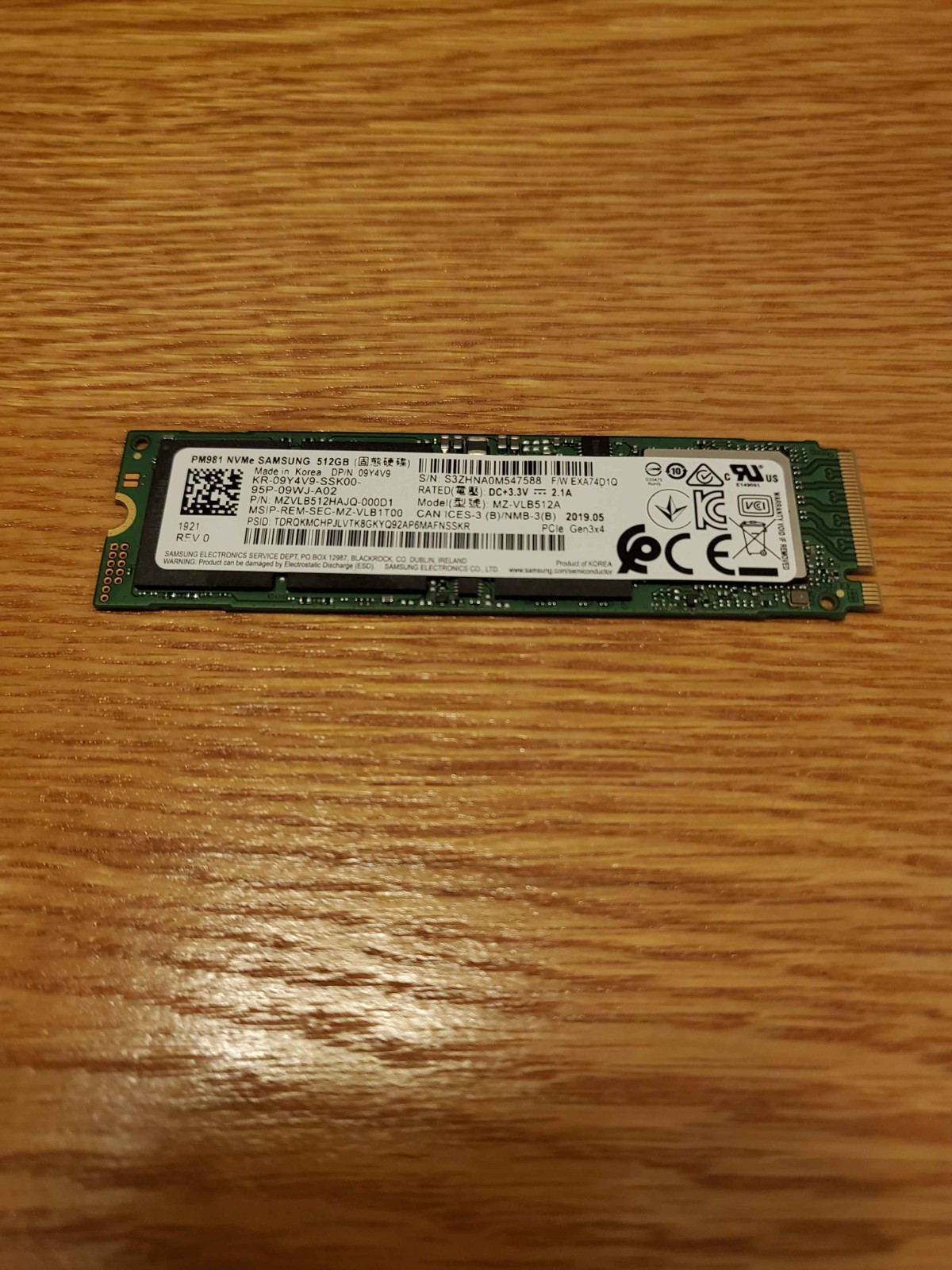 Samsung PM981 512GB NVMe SSD Model MZ-VLB512A Tested, Secure-Erased, Unformatted