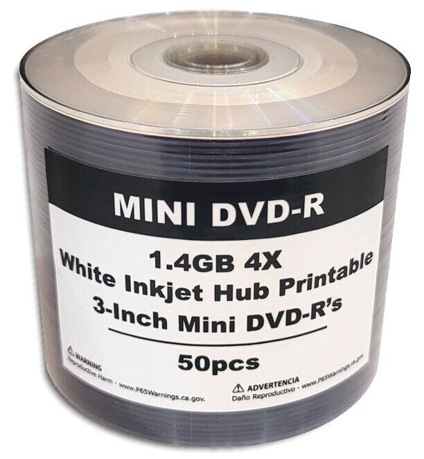 50-Pak 3-Inch White Inkjet Hub Mini DVD-R for Camcorders in Shrinkwrap