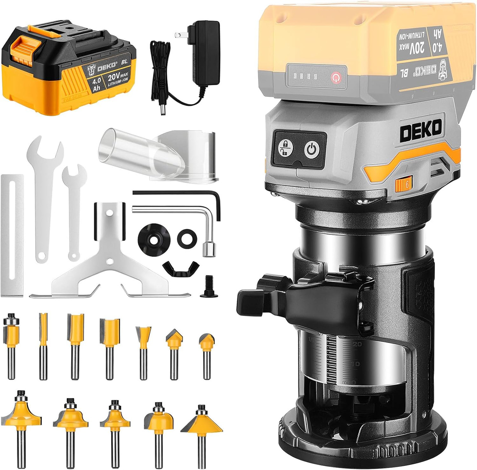 20V Cordless Router Tool with 1x4.0Ah Battery, Variable Speed & Adjustable