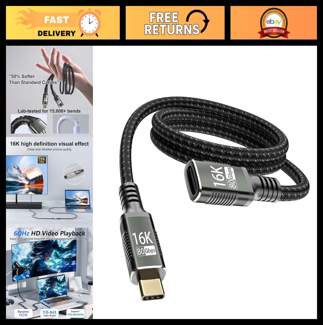 USB-C Extension Cable 80Gbps Thunderbolt 5, 8K/16K Display, PD 240W, 1M/3.3FT