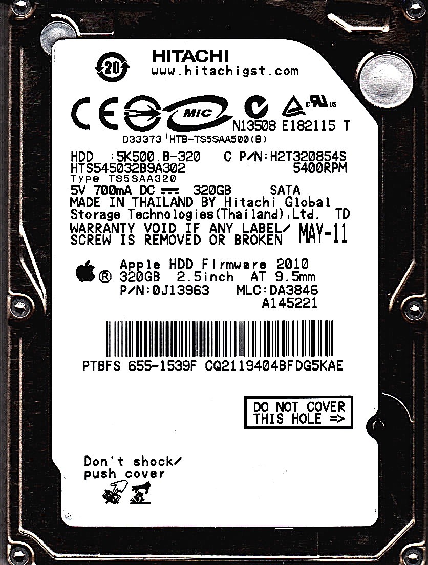 Hitachi HTS545032B9A302 pn: 0J13963 mlc: DA3846 320GB SATA 2.5 HDD 5916