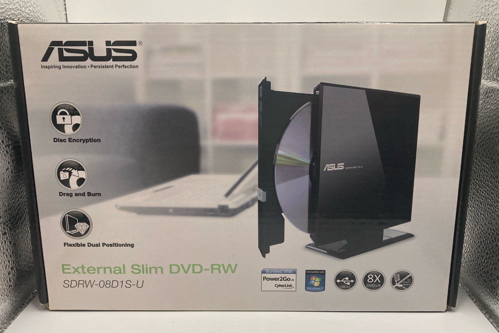 ASUS-SDRW-08D1S-U USB 2.0 External Slim DVD+/RW Drive Open Box