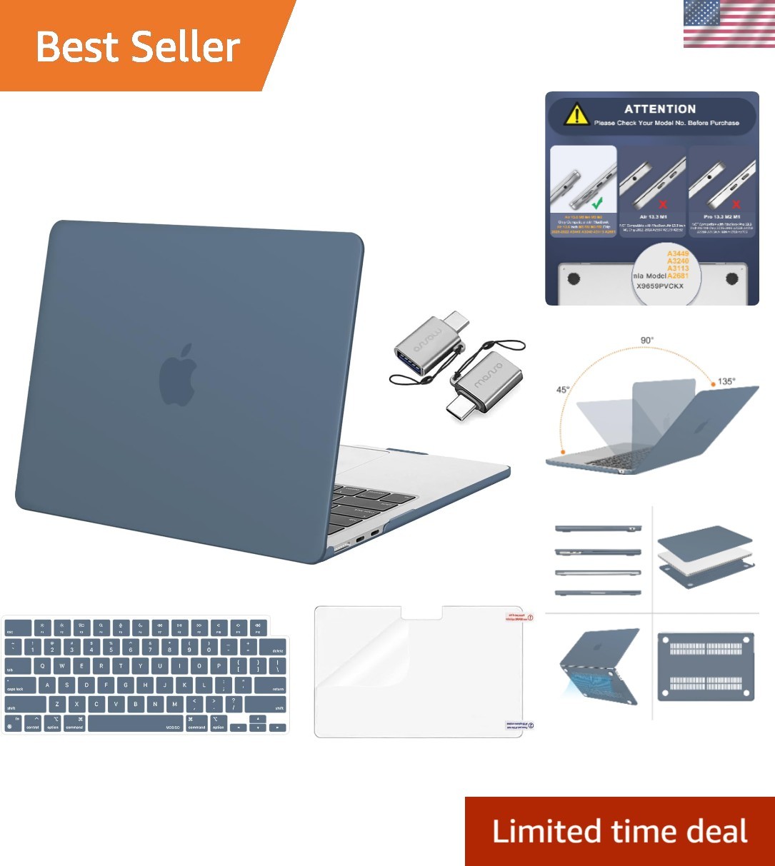 Elegant Steel Blue Hard Shell Case for MacBook Air 13" with USB Type C Adapters