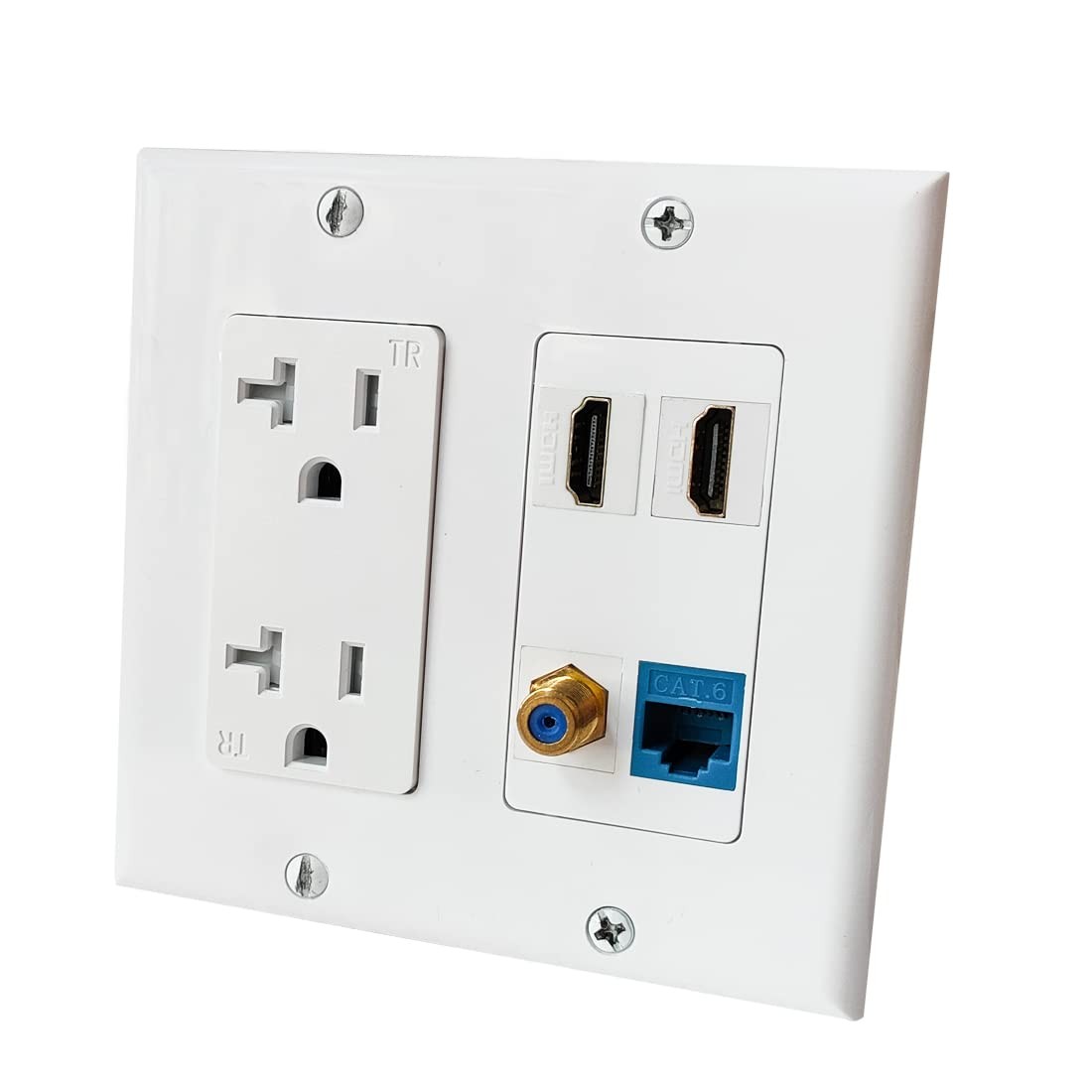 20Amp Power Outlet and Ethernet Coax HDMI Wall Plate  Electrical Outlet with 2