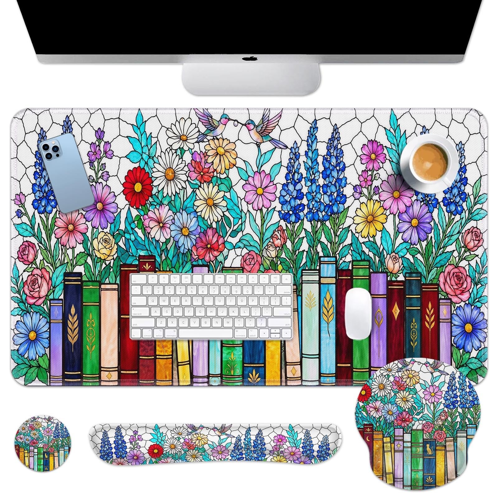 Keyboard Mouse Pad Set, 4 in 1 Desk Mat Set, Floral Bookshelf