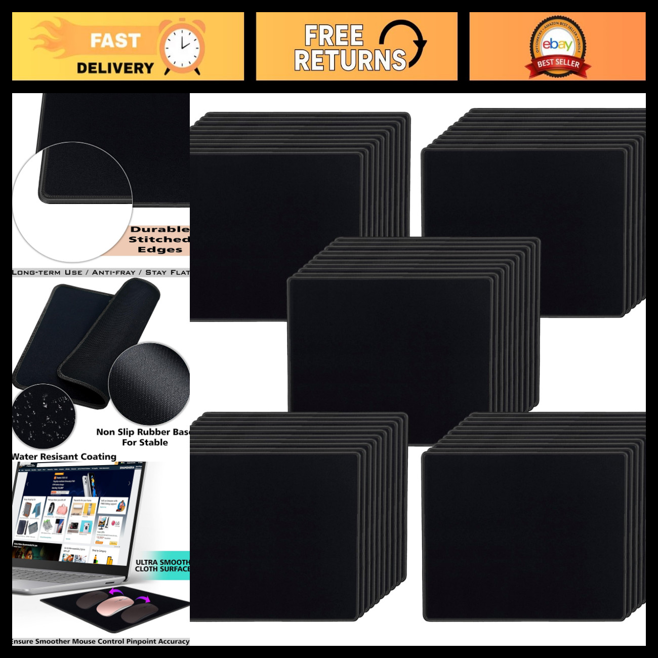 50 Pack Waterproof Mouse Pads, 8.66x7.1 inch, Black Gaming & Office Accessories