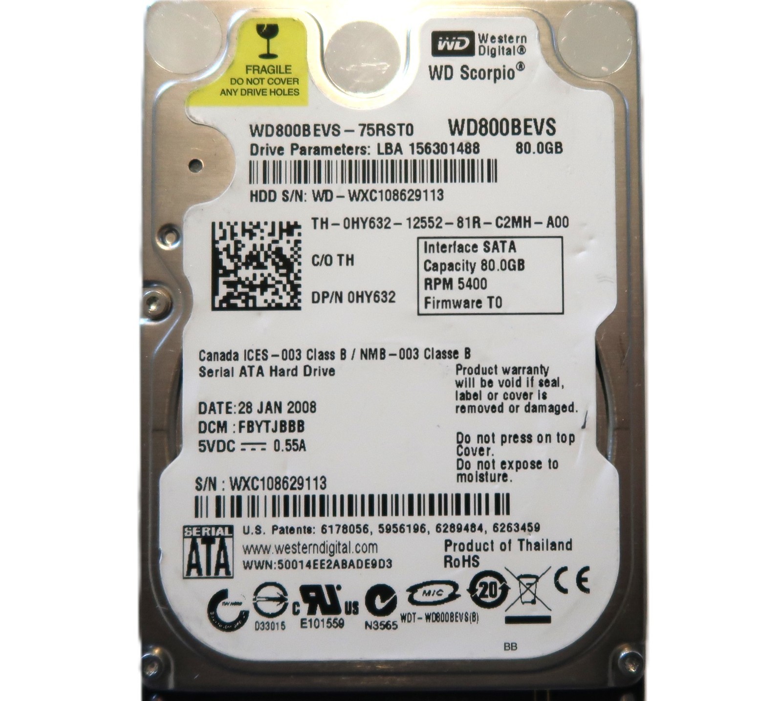 Western Digital WD800BEVS-75RST0 FBYTJBBB (WXC) Thailand 80gb 2.5" Sata JAN/2008