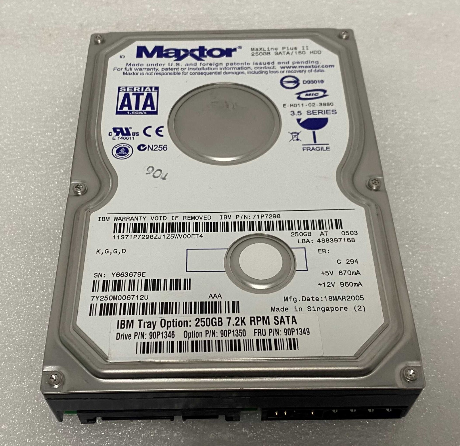 IBM Maxtor 90P1349 90P1346 250Gb 7200Rpm 3.5" SATA Hotswap Hard Disk Drive