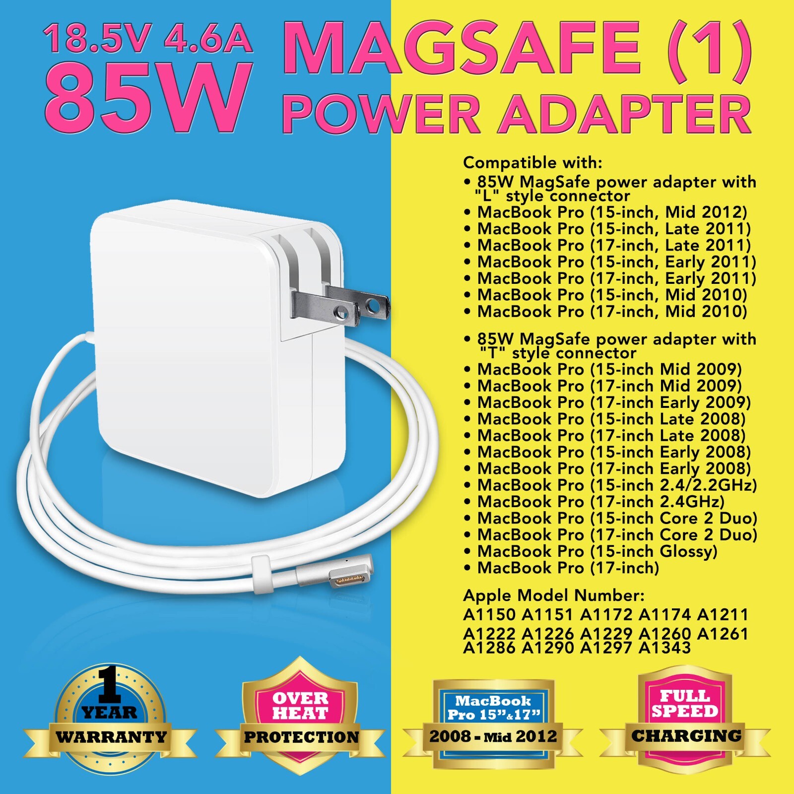 85W AC Power Adapter Charger for Macbook Pro 15" 17" A1286 2008-2012 L-tip US