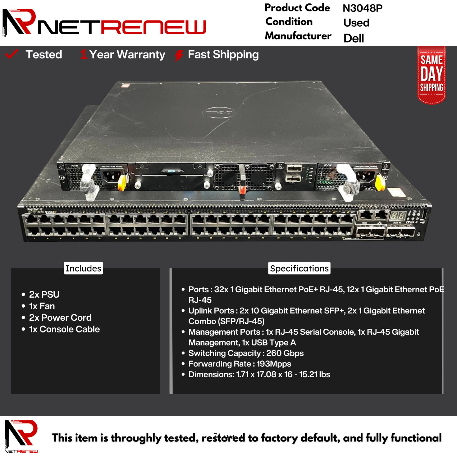 Dell N3048P 48-Port PoE Gigabit Layer 3 Managed Rackmount Switch