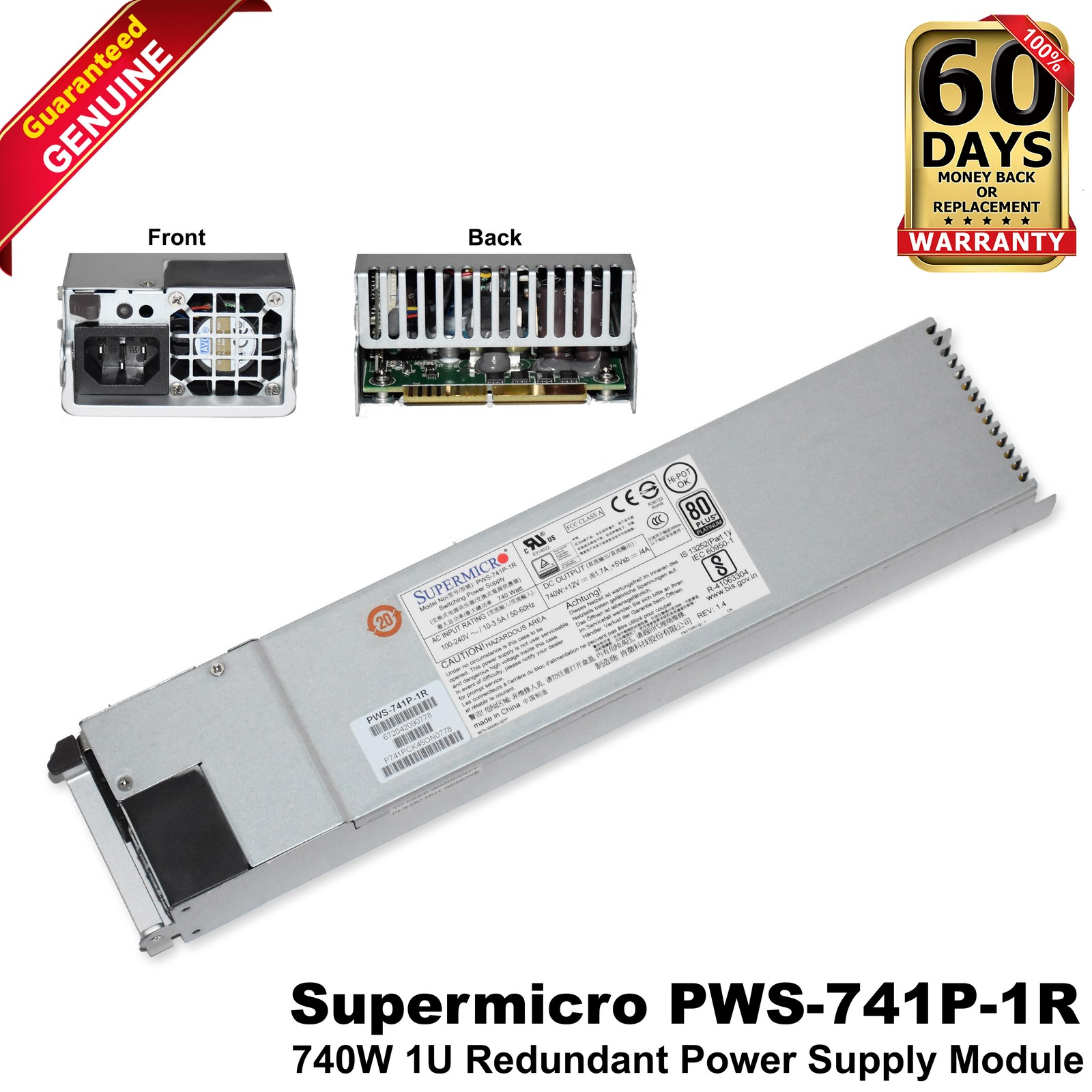 Lot of 2 Supermicro 740W 80-Plus Platinum 1U Switching Power Supply PWS-741P-1R