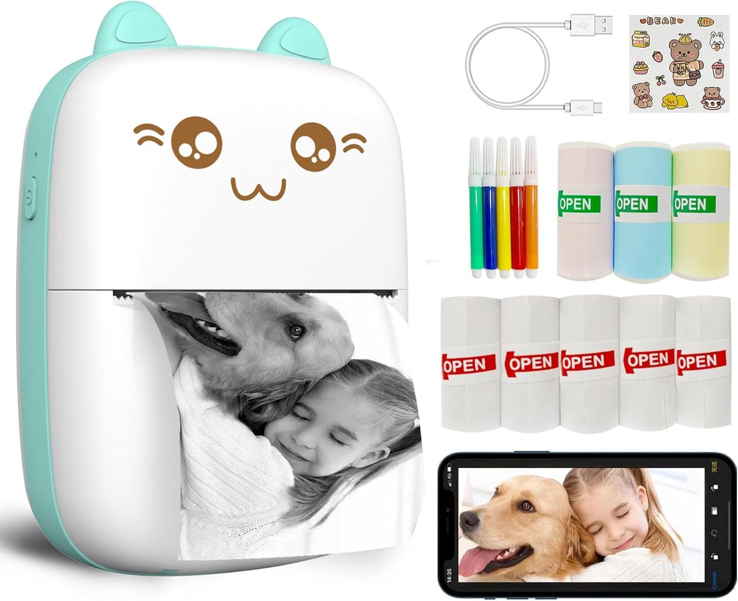 Mini Printer Portable, Inkless Sticker printer with 8 Rolls Paper, Bluetooth Wir