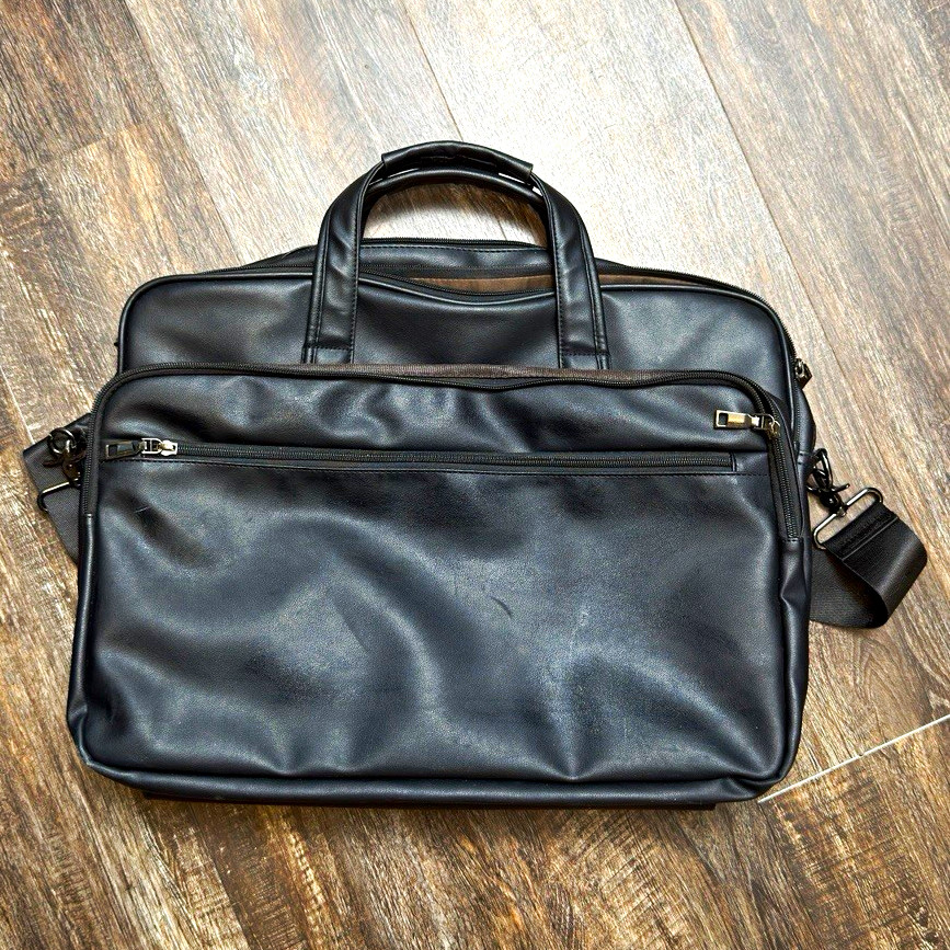 Black Faux Leather Laptop Briefcase Fits 15 in Laptop with Shoulder Strap