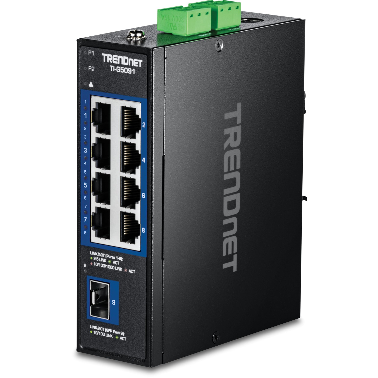 TRENDnet 9-Port Industrial 2.5G DIN-Rail Switch with 10G SFP+ Port, Black