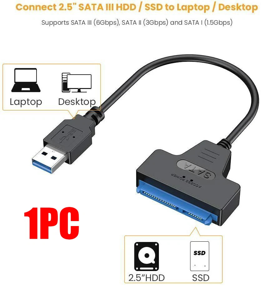 1-2 PCS SATA to USB 3.0 Cable, USB to SATA Hard Drive Adapter for SSD & HDD Data