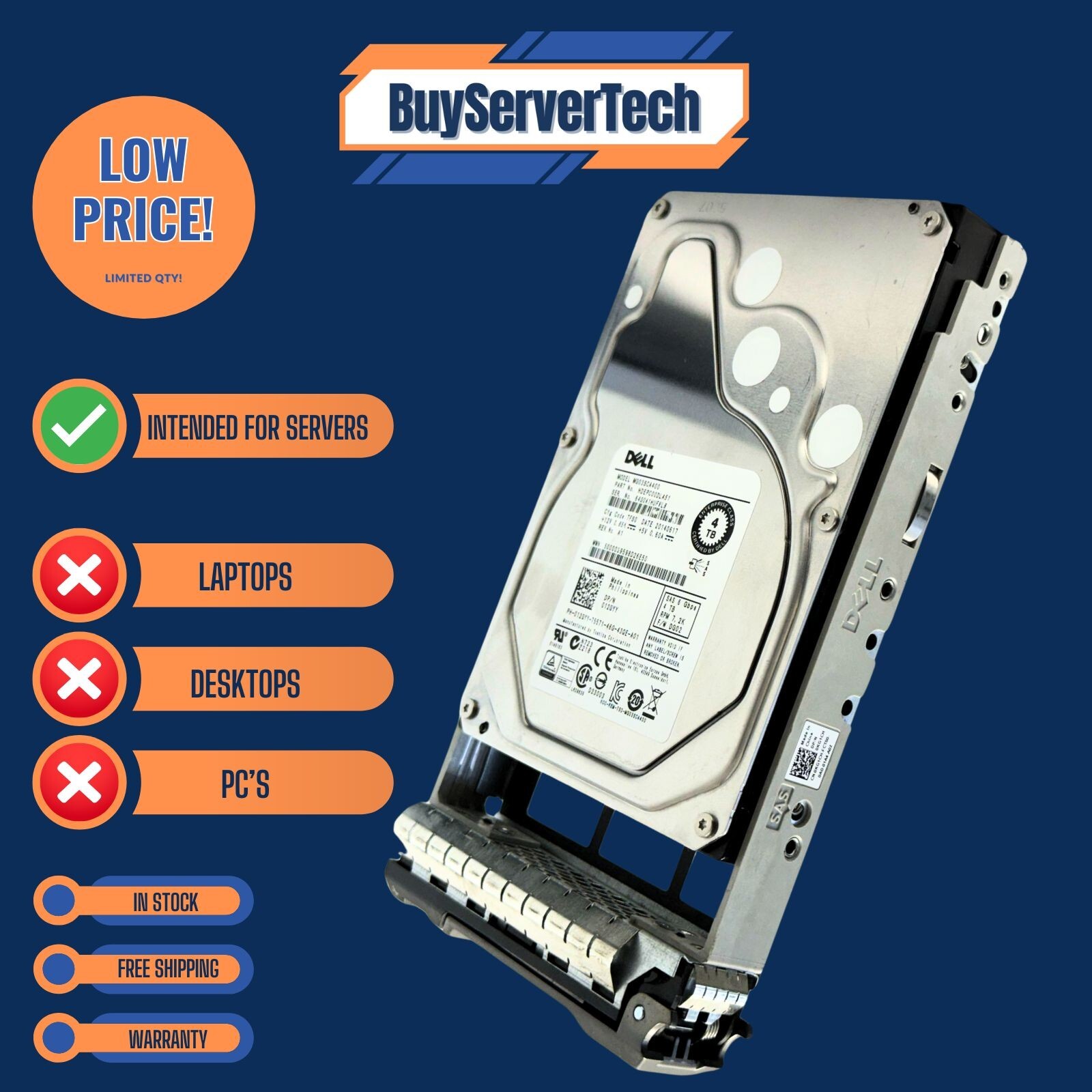 Dell 4TB 7.2K 6G 3.5" SAS HDD 12GYY 012GYY MG03SCA40 w/ Caddy - Enterprise Drive