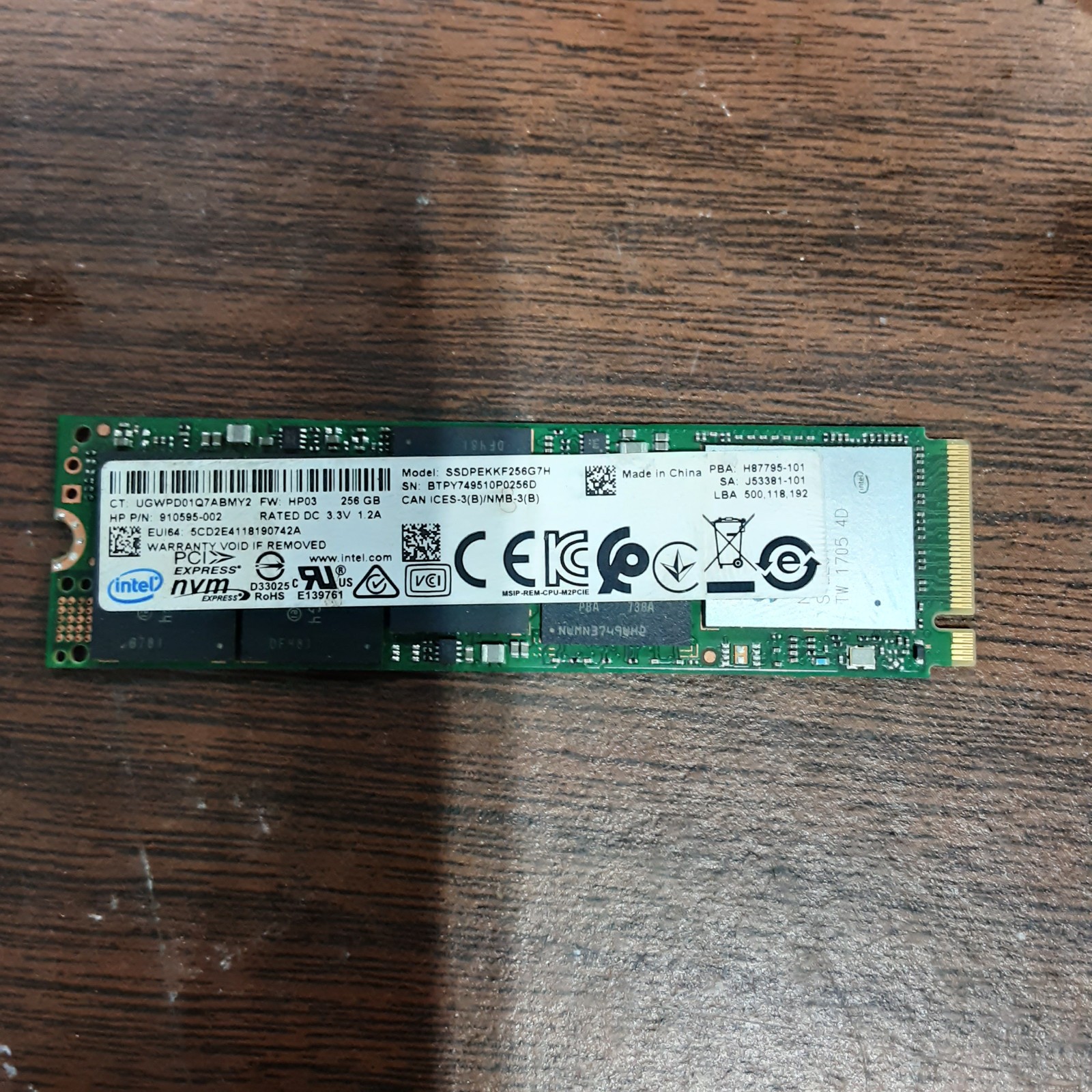 Intel NVMe 256GB M.2 2280 PCIe SSD SSDPEKKF256G7H HP OEM | 910595-001