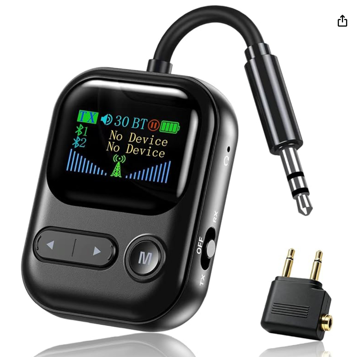 Airplane Bluetooth Adapter for 2 Headphones or Ear Buds, with color display
