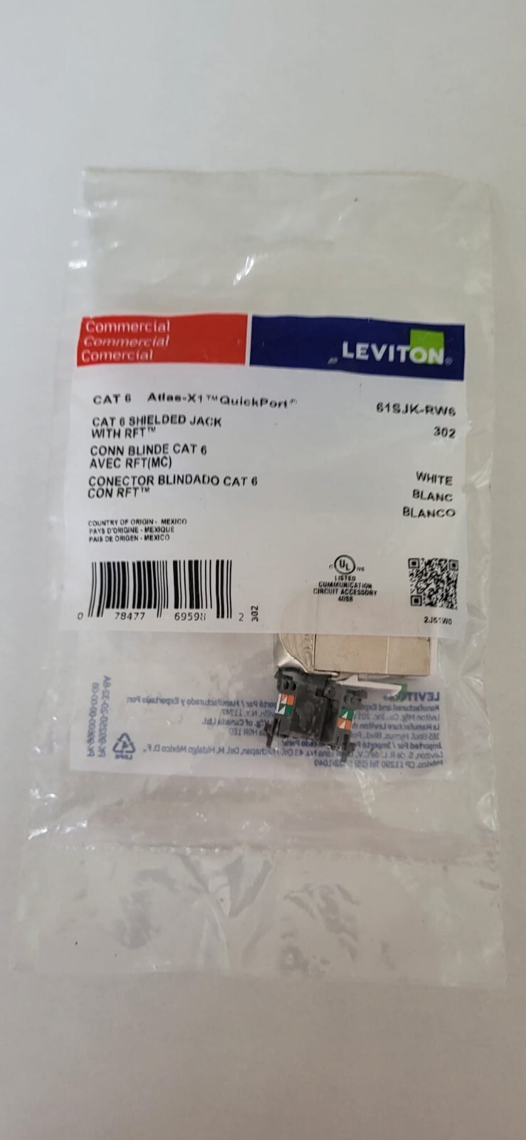 LEVITON 61SJK-RJ6 / 61SJKRJ6 SHIELDED CAT 6 WHITE (RFT) COMMERCIAL GRADE 2pk
