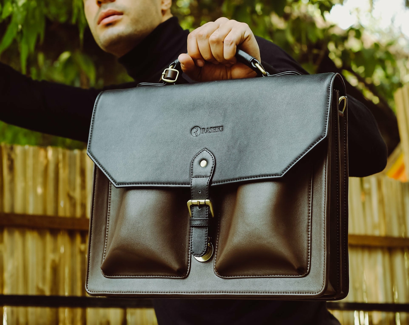 Vegan Leather Laptop Bag Black Brown fits 14.5 inch laptop large with pockets 