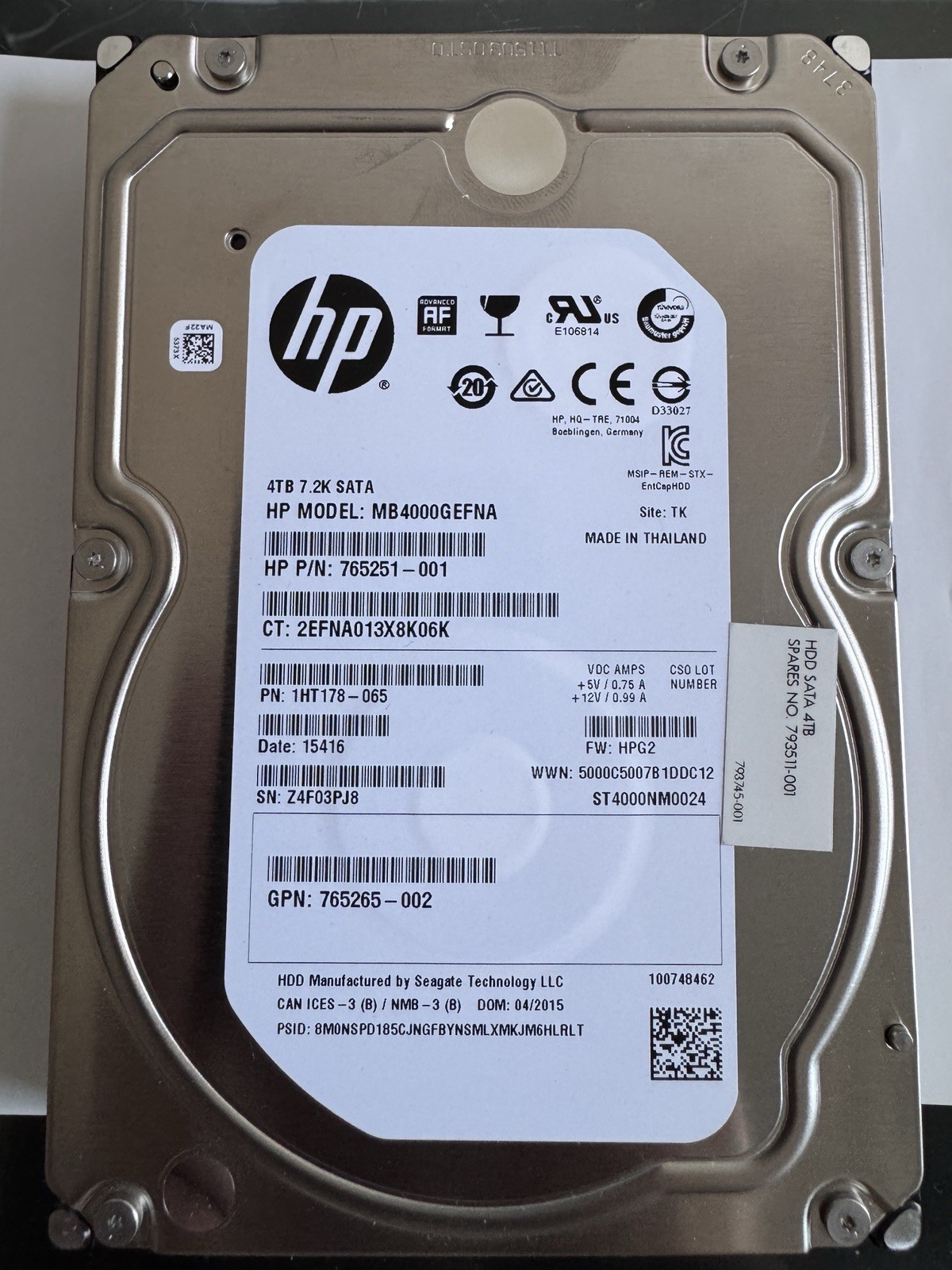HP Seagate 4TB MB4000GEFNA ST4000NM0024 SATA 6Gbps - G