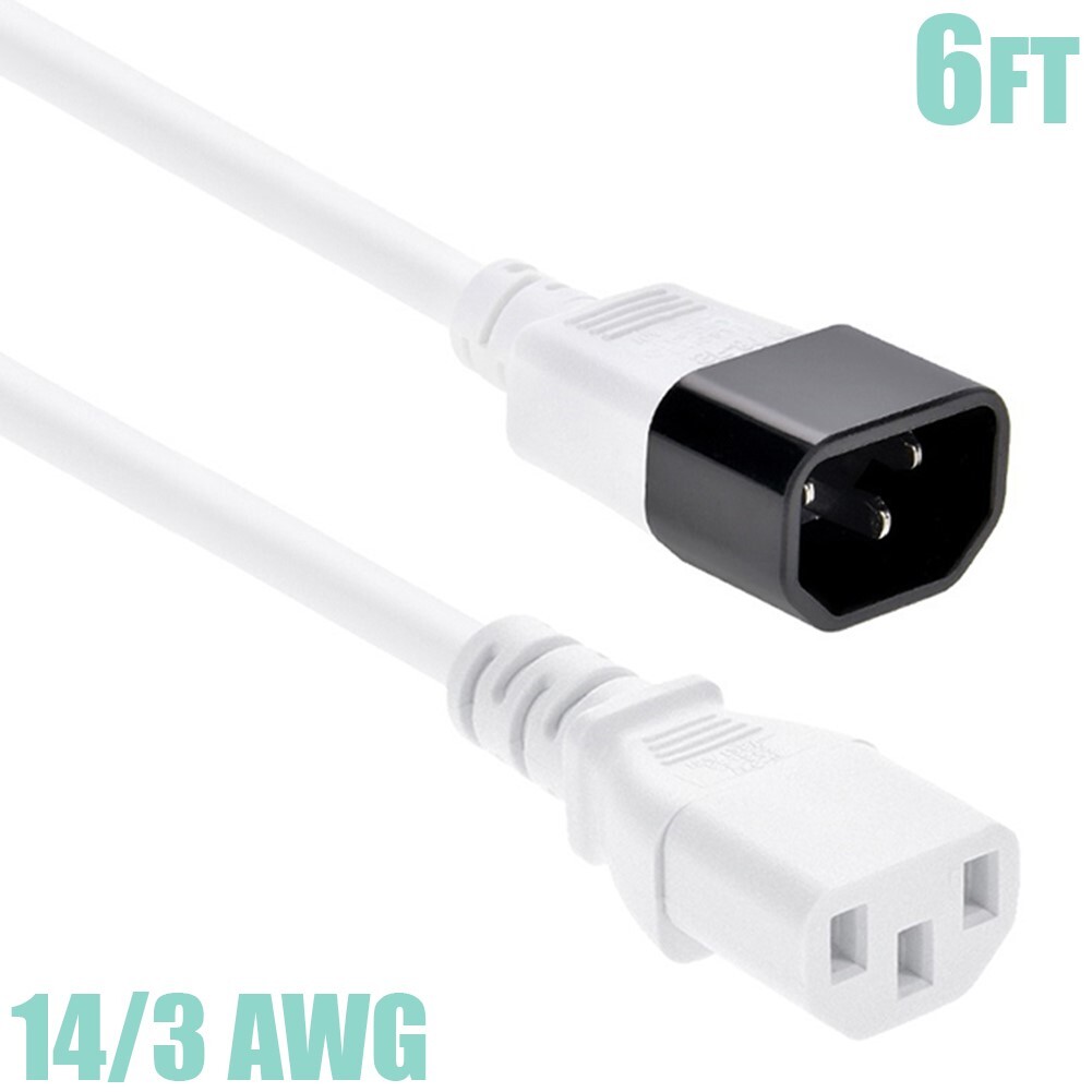 6FT 14 Gauge 3 Prong Power Cable Extension Cord C14 Male to C13 Female SJT White