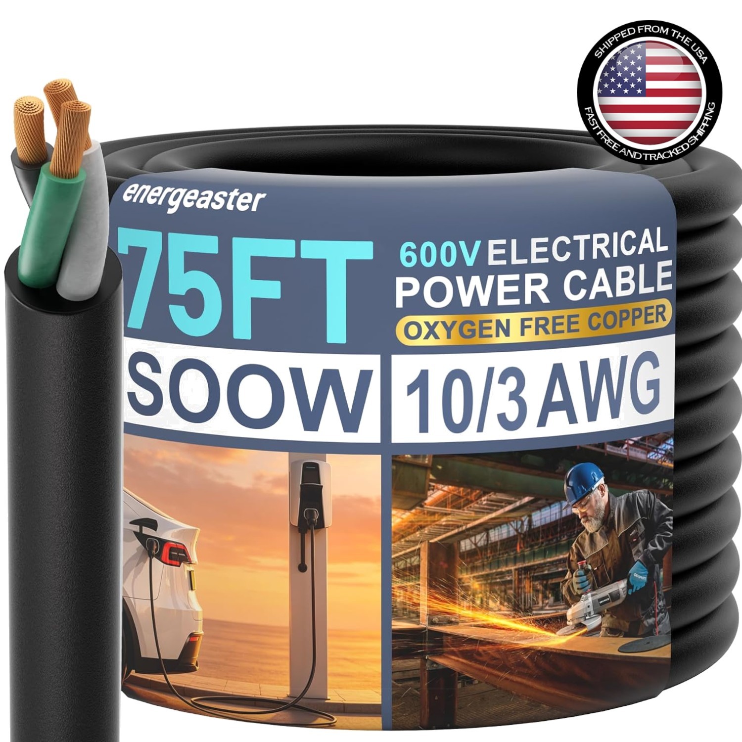 Electrical Cable 75ft 10/3 SOOW Water Oil Resistant 600V 30A Copper Flex