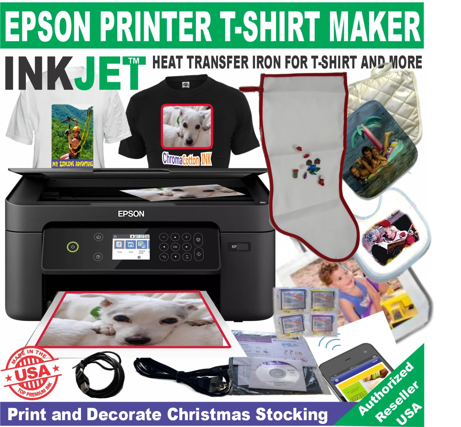 Epson Printer InkJet for Heat Transfer Iron Print T-Shirt Maker Christmas Kit