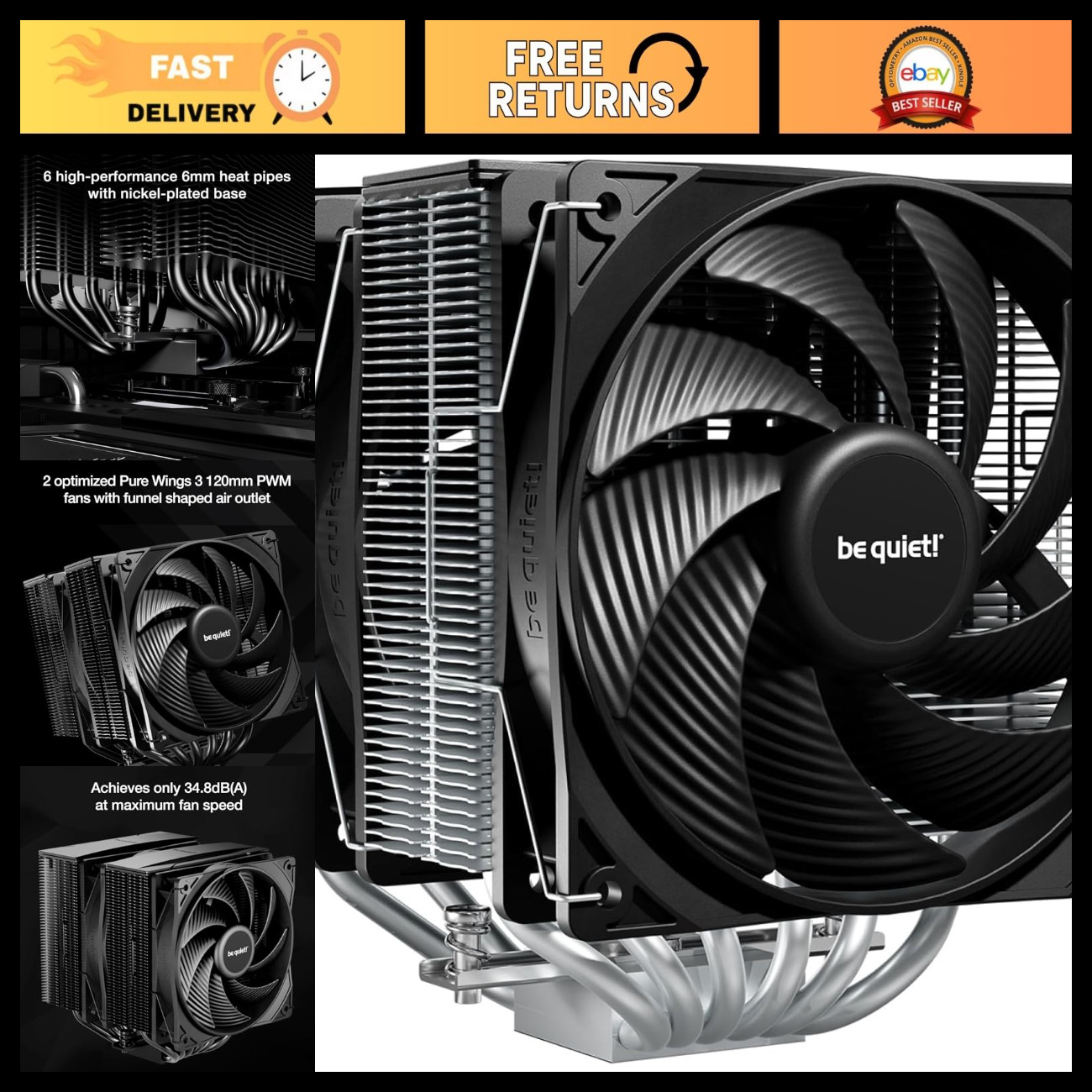 High-Performance Air CPU Cooler for AMD & Intel, 250W TDP, Silent Operation