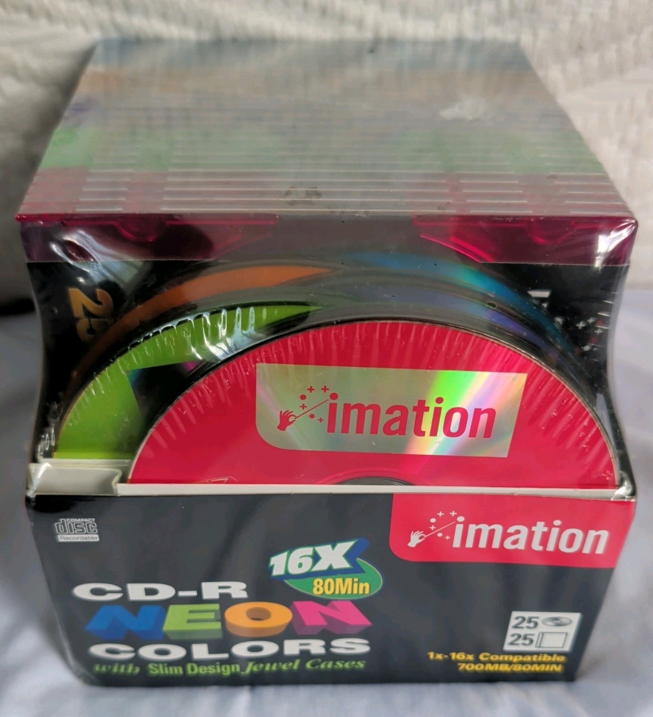 NEW Imation Neon Colors 16x 700MB 80-min CD-R With Slim Jewel Cases Sealed 25pk