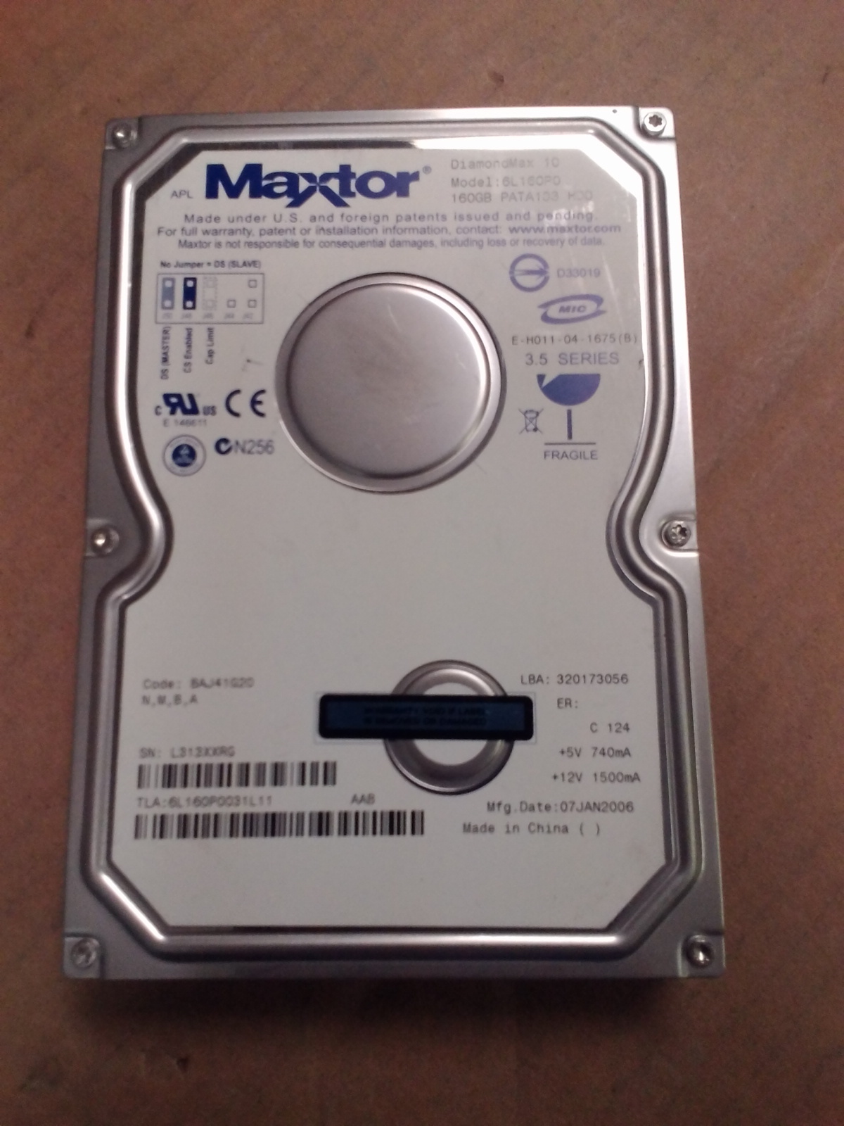 Maxtor DiamondMax 160GB IDE 3.5 Hard Disk Drive 6L160P0 6L160P0031L11 BAJ41G20